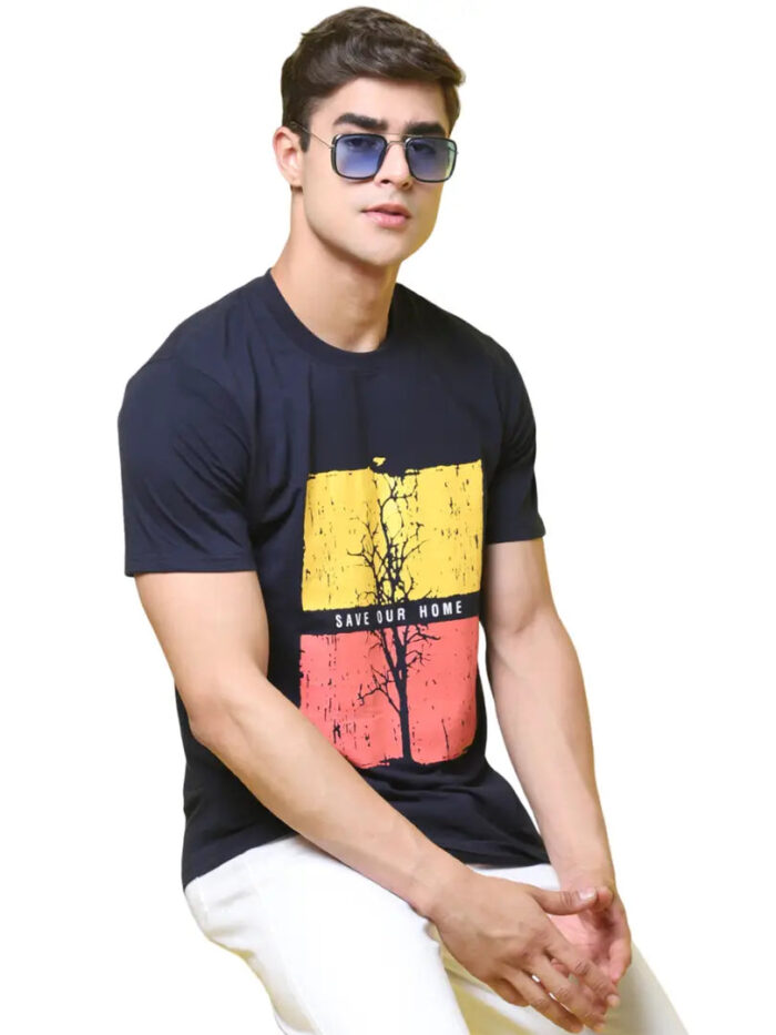 Reliable Blue Cotton Blend Printed Round Neck Tees For Men
