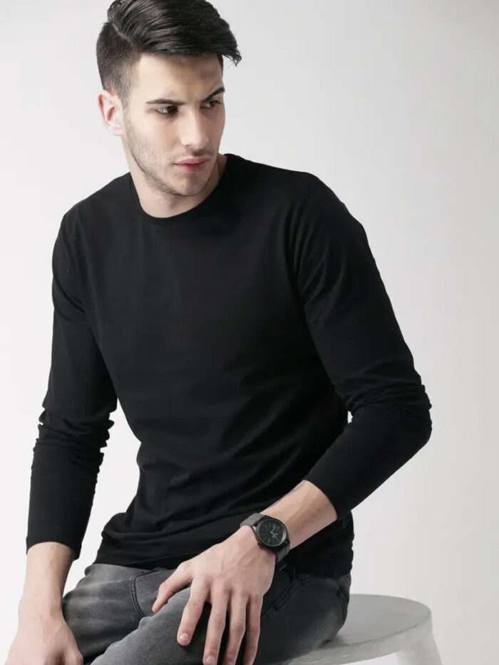 1597663496100_1_24_LCfullblk3-originnm80prcnt Stylish Black Solid Cotton Round Neck T-shirt For Men