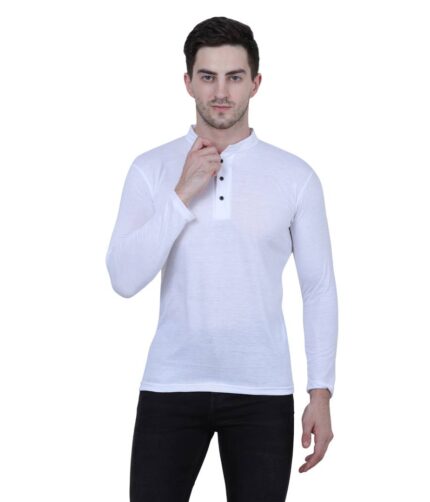 Elegant White Solid Polycotton Henley Tees For Men
