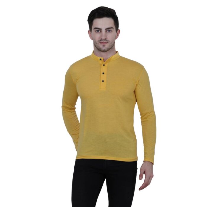 Elegant Yellow Solid Polycotton Henley Tees For Men