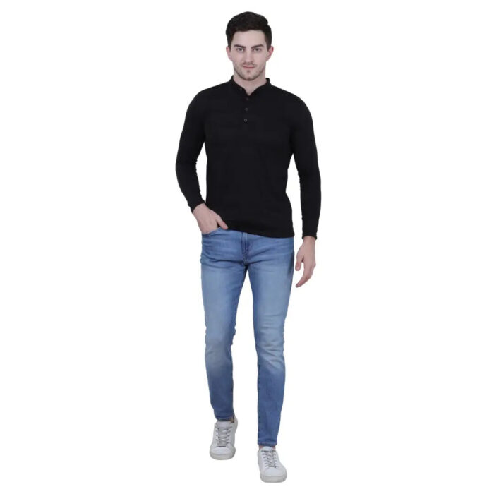 Men's Black Polycotton Solid Henley Tees