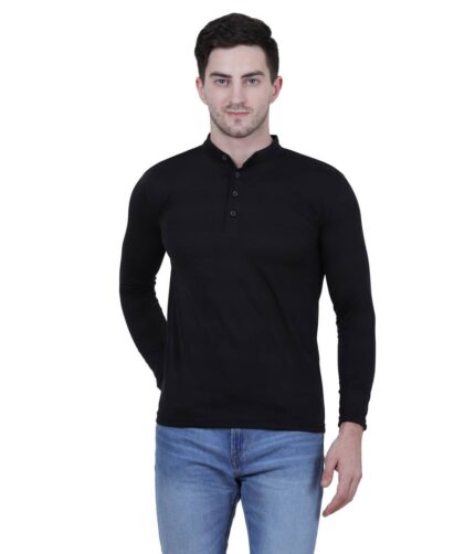 Men's Black Polycotton Solid Henley Tees