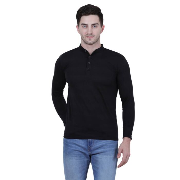 Men's Black Polycotton Solid Henley Tees