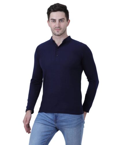 Men's Blue Polycotton Solid Henley Tees