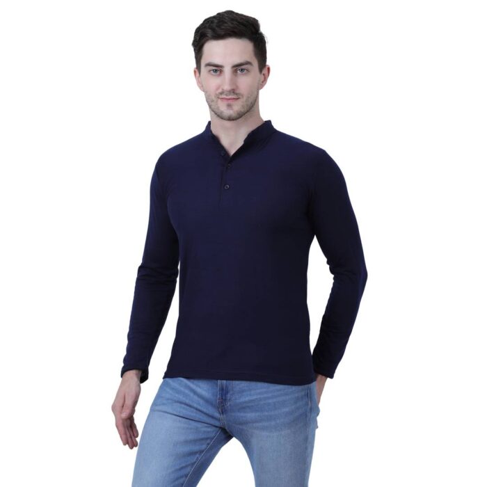 Men's Blue Polycotton Solid Henley Tees