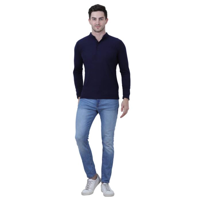 Men's Blue Polycotton Solid Henley Tees