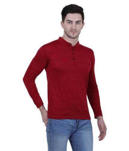 Men's Maroon Polycotton Solid Henley Tees