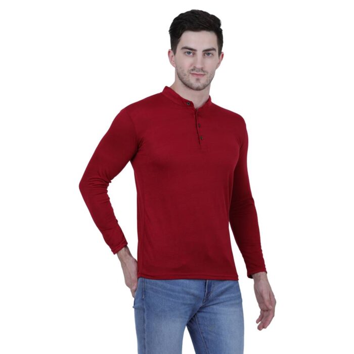 Men's Maroon Polycotton Solid Henley Tees