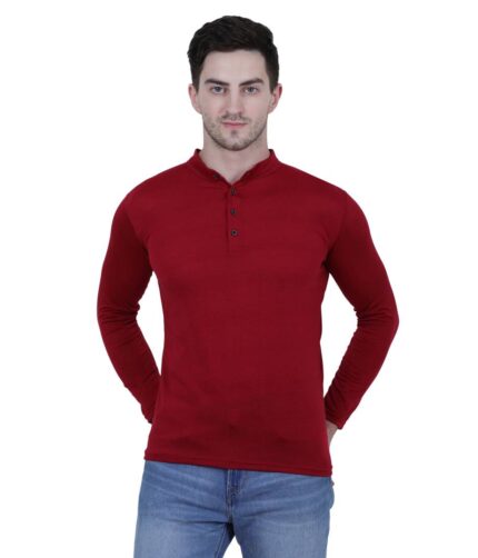 Men's Maroon Polycotton Solid Henley Tees