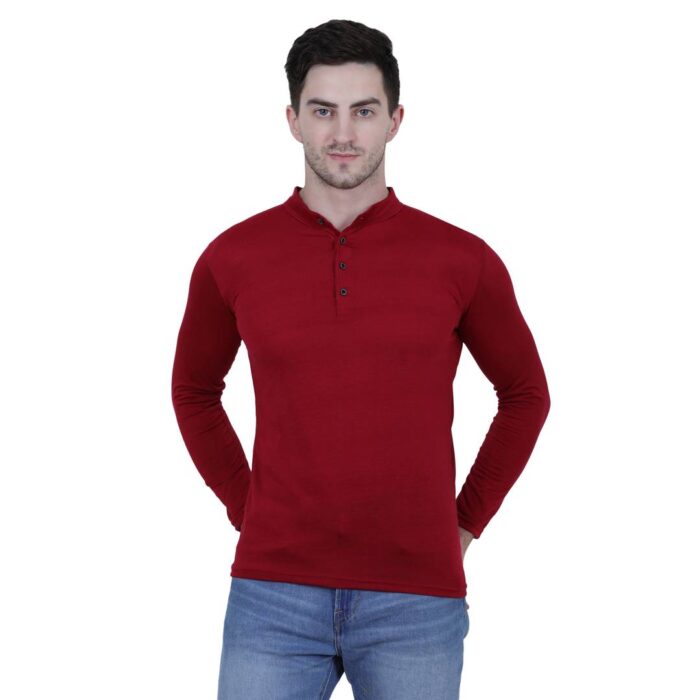 Men's Maroon Polycotton Solid Henley Tees