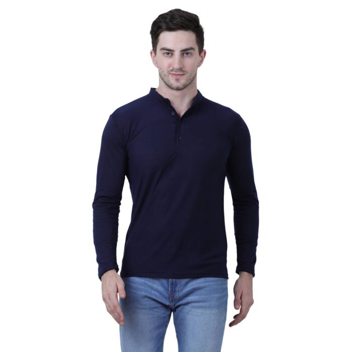 Men's Blue Polycotton Solid Henley Tees