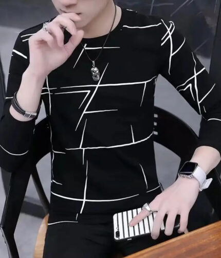 TRENDY COTTON BLEND BLACK FULL SLEEVE PRINTED T-SHIRT FOR MEN