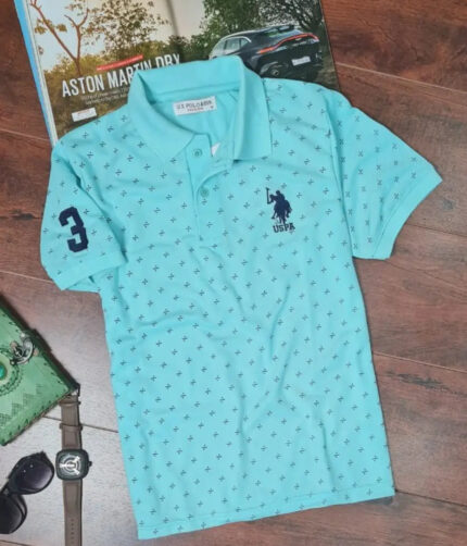 Elegant Turquoise Cotton Blend Printed Polos For Men