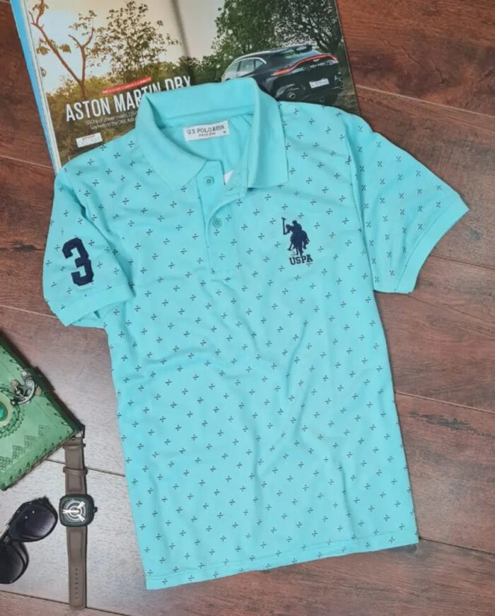 Elegant Turquoise Cotton Blend Printed Polos For Men