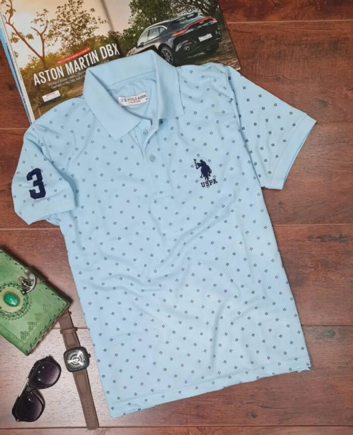 Elegant Turquoise Cotton Blend Printed Polos For Men