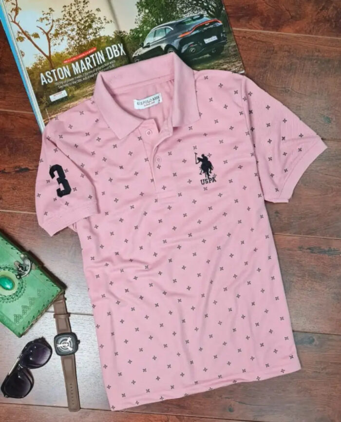 Elegant Pink Cotton Blend Printed Polos For Men