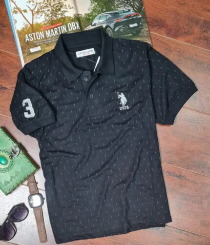 Elegant Black Cotton Blend Printed Short-sleeve Polos For Men