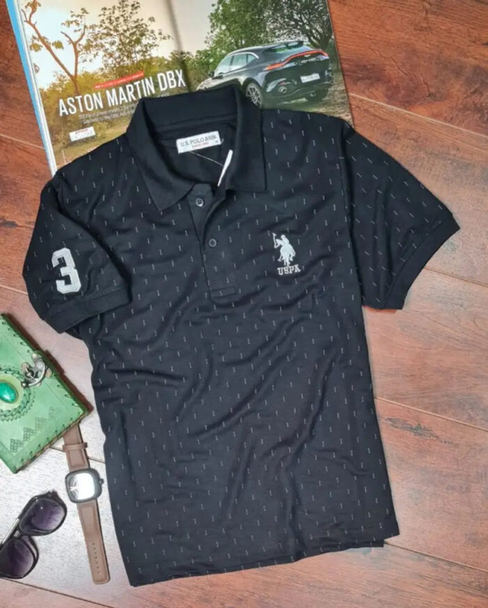 Elegant Black Cotton Blend Printed Short-sleeve Polos For Men
