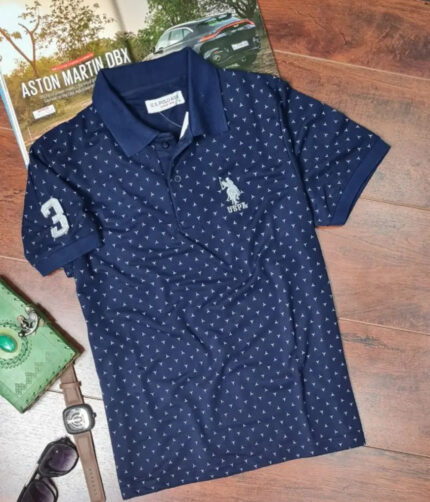 Elegant Navy Blue Cotton Blend Printed Polos For Men