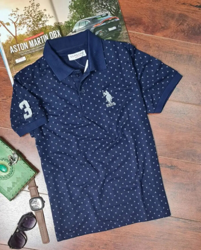 Elegant Navy Blue Cotton Blend Printed Polos For Men