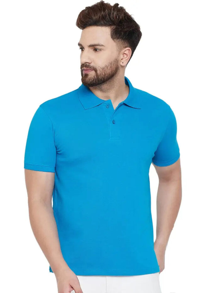 SKY BLUE POLO NECK TSHIRTS IN  COTTON POLY FABRIC