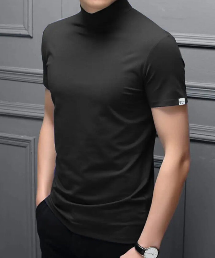 Stylish Polyester Black High Neck Tees Solid T-shirt For Men