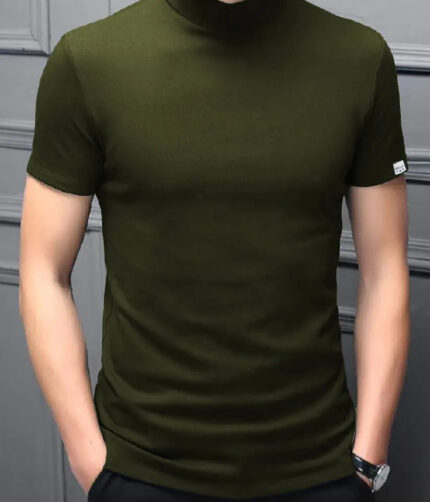 Stylish Polyester Olive High Neck Tees Solid T-shirt For Men