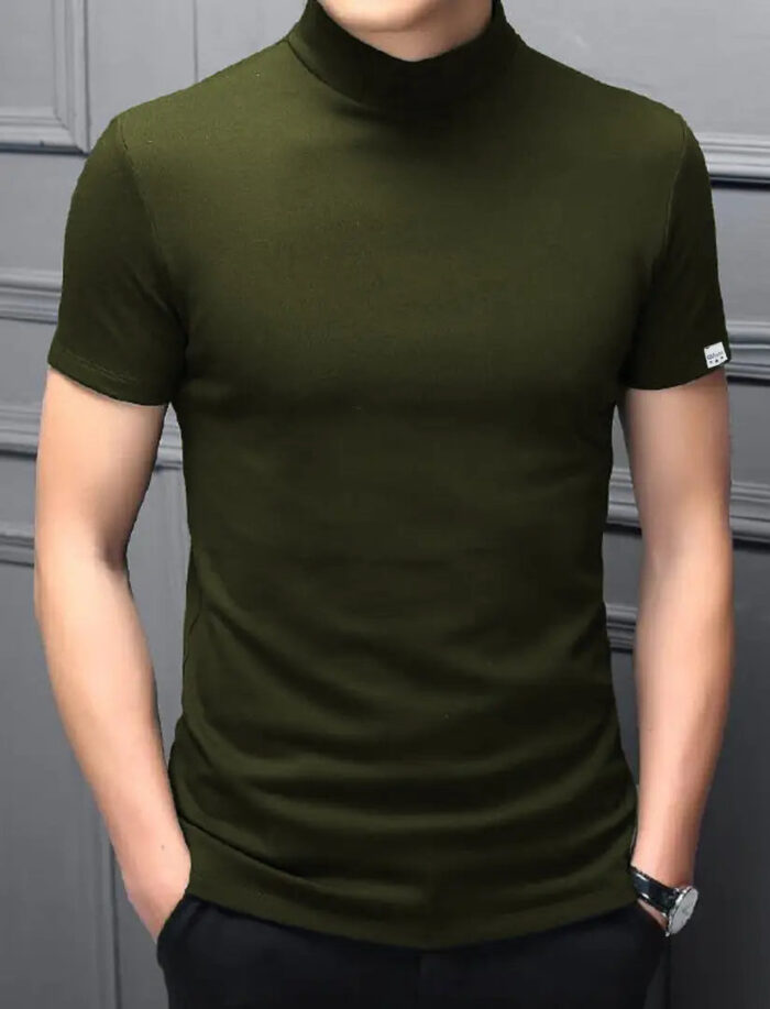 Stylish Polyester Olive High Neck Tees Solid T-shirt For Men