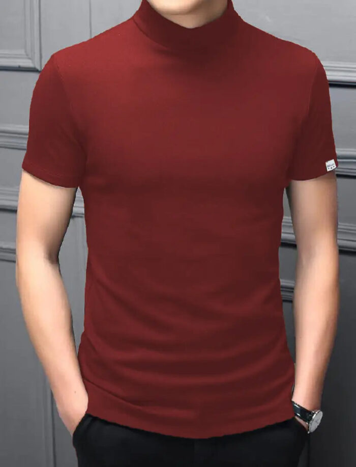 Stylish Polyester Maroon High Neck Tees Solid T-shirt For Men