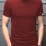 Stylish Polyester Maroon High Neck Tees Solid T-shirt For Men