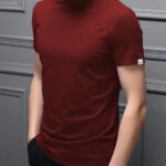 Stylish Polyester Maroon High Neck Tees Solid T-shirt For Men