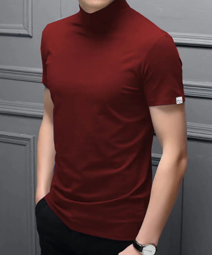 Stylish Polyester Maroon High Neck Tees Solid T-shirt For Men