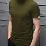 Stylish Polyester Olive High Neck Tees Solid T-shirt For Men
