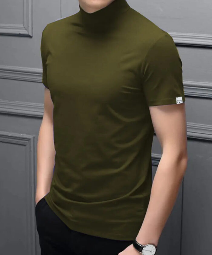 Stylish Polyester Olive High Neck Tees Solid T-shirt For Men