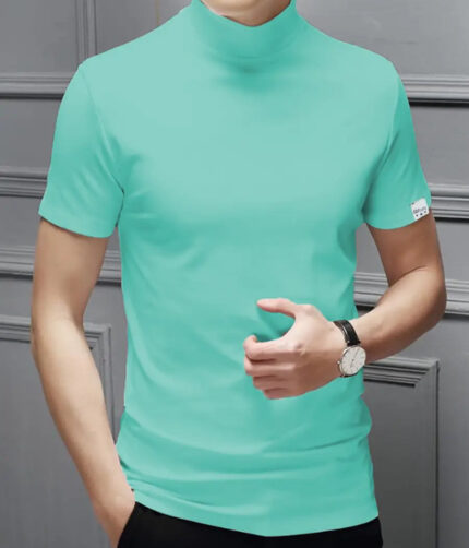 Stylish Polyester Blue High Neck Tees Solid T-shirt For Men