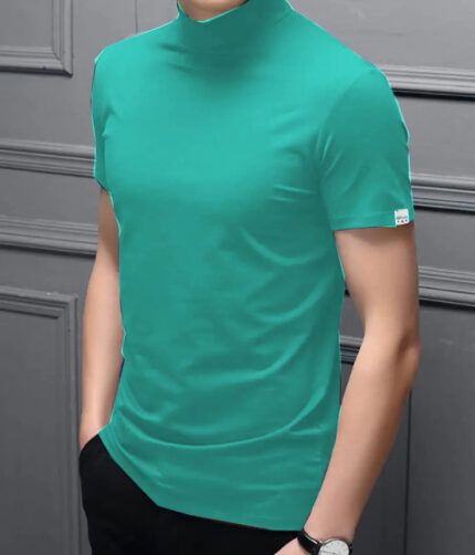 Stylish Polyester Blue High Neck Tees Solid T-shirt For Men