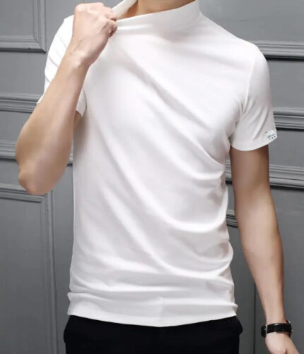 Stylish Polyester White High Neck Tees Solid T-shirt For Men