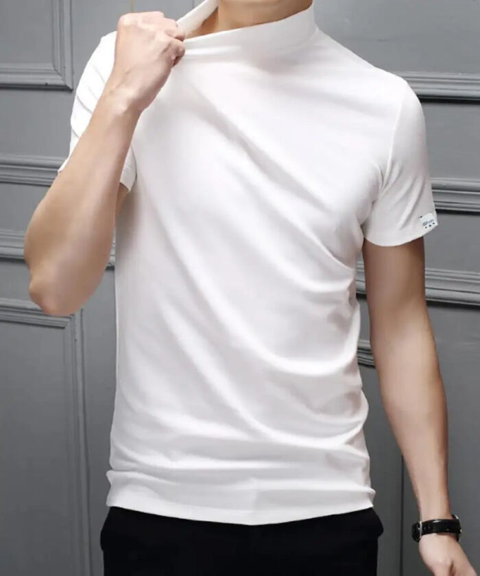 Stylish Polyester White High Neck Tees Solid T-shirt For Men