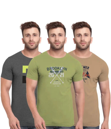 Trendy Printed Pack Of 3 Round Neck Half Short Sleeve Tshirts For Men