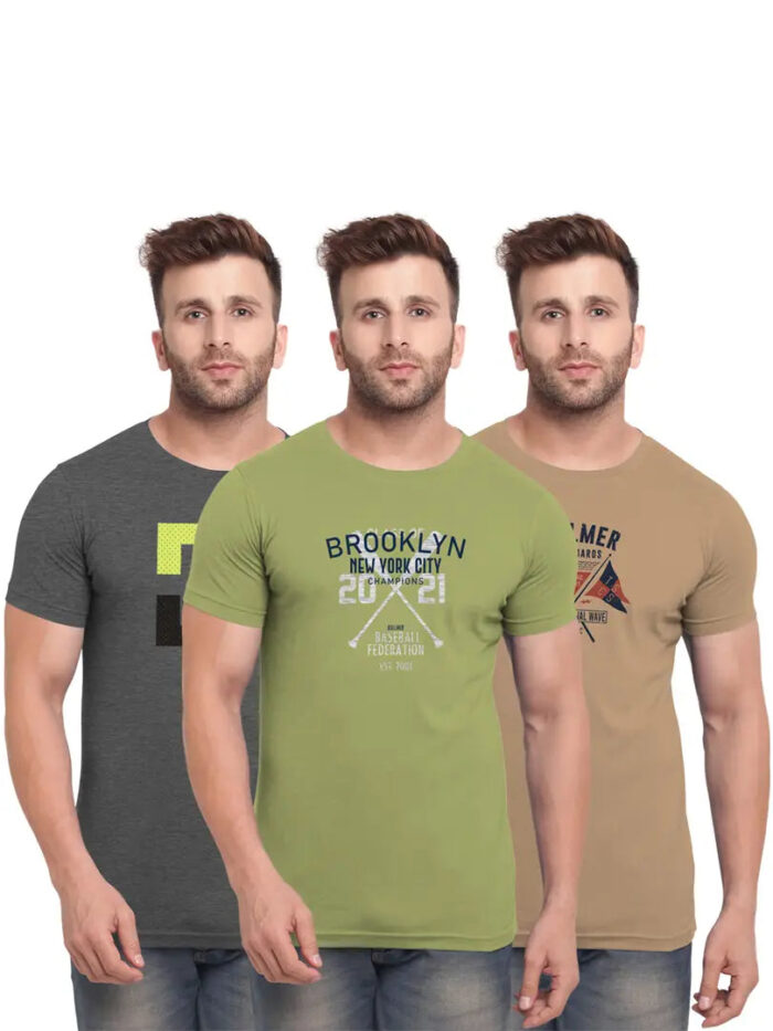 Trendy Printed Pack Of 3 Round Neck Half Short Sleeve Tshirts For Men
