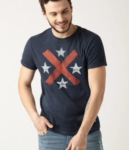 Trendy Cotton Blend Navy Blue Tees For Men