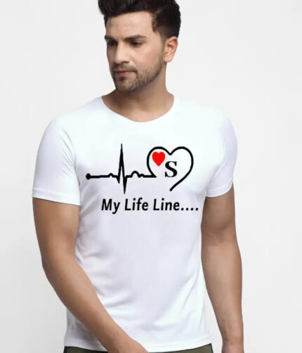 Men White Printed Round Neck Half Sleeve T shirt (S MY LIFELINE)