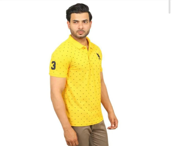 Elegant Yellow Cotton Blend Printed Polos For Men