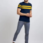 AUSK Men's Regular Round Neck Half Sleeves T-Shirts (Color:Blue & Yellow-Size:Large)