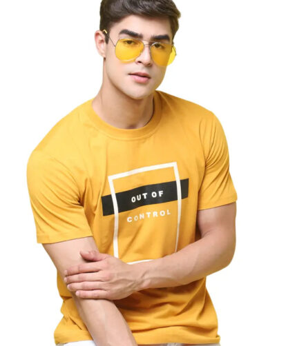 Reliable Yellow Cotton Blend Printed Round Neck Tees For Men