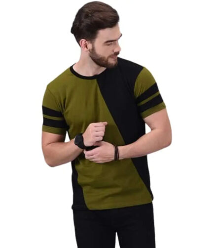 Kushi Flyer Green Colorblock Stylish T-Shirt Round Neck Half Sleeve Cotton for Men