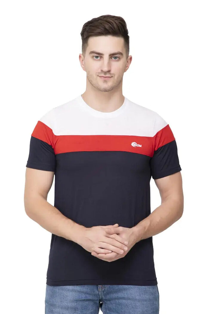 Ekom Cotton Blend T-Shirt for Men  Boys | Half Sleeve Color Block Tshirt