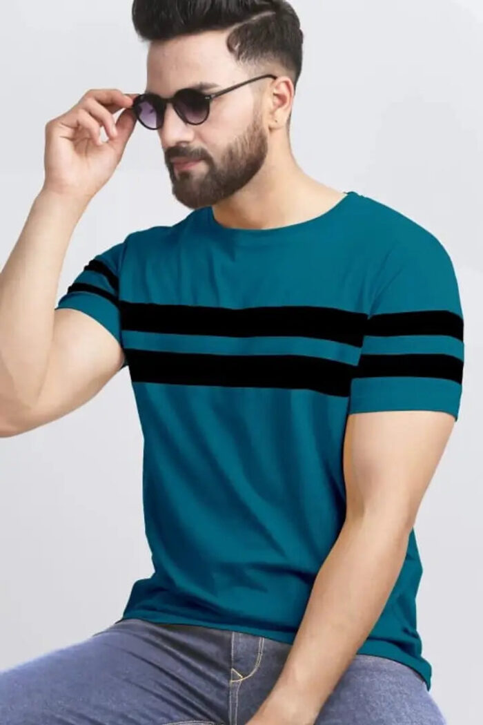 Stylish Turquoise Cotton Blend Solid Round Neck Tees For Men