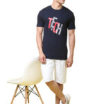 Reliable Navy Blue Cotton Blend Printed Round Neck Tees For Men