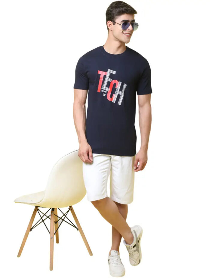 Reliable Navy Blue Cotton Blend Printed Round Neck Tees For Men